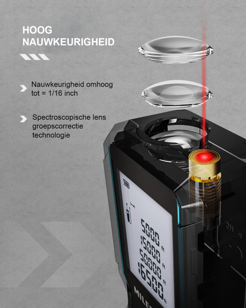 Laserafstandsmeter 50 m met LCD-scherm en 2 waterpasniveaus voor afstandsmetingen