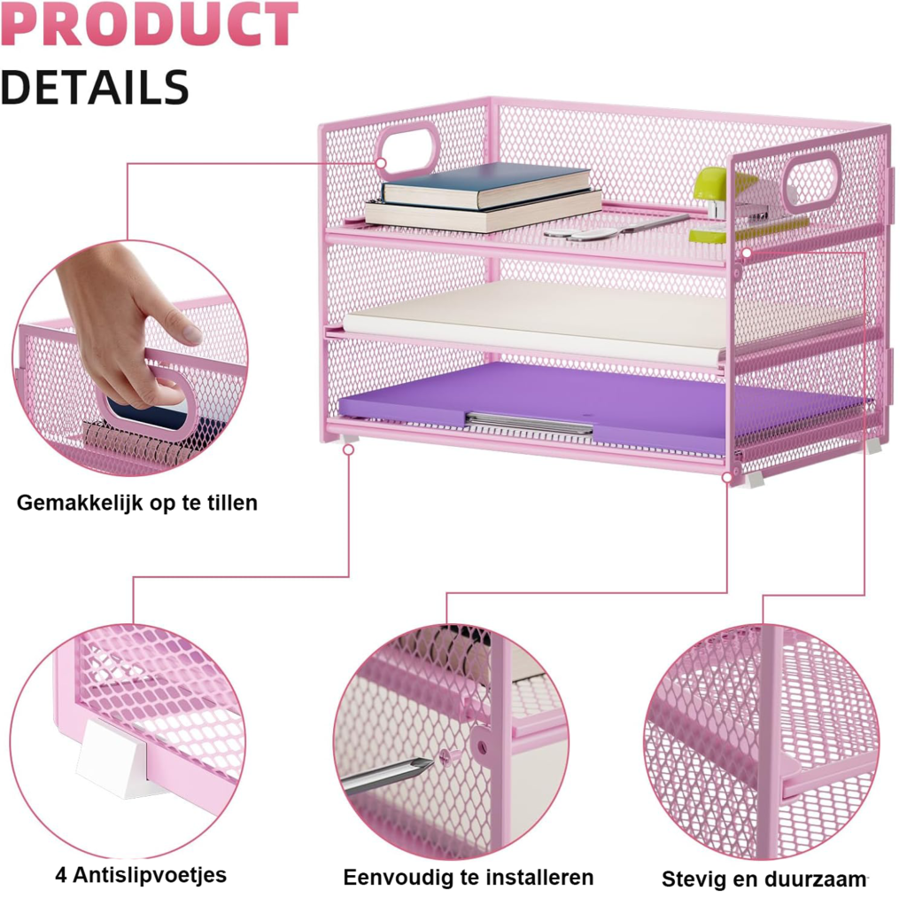 Bureau organizer 3 lagen roze met handgreep voor documenten en tijdschriften
