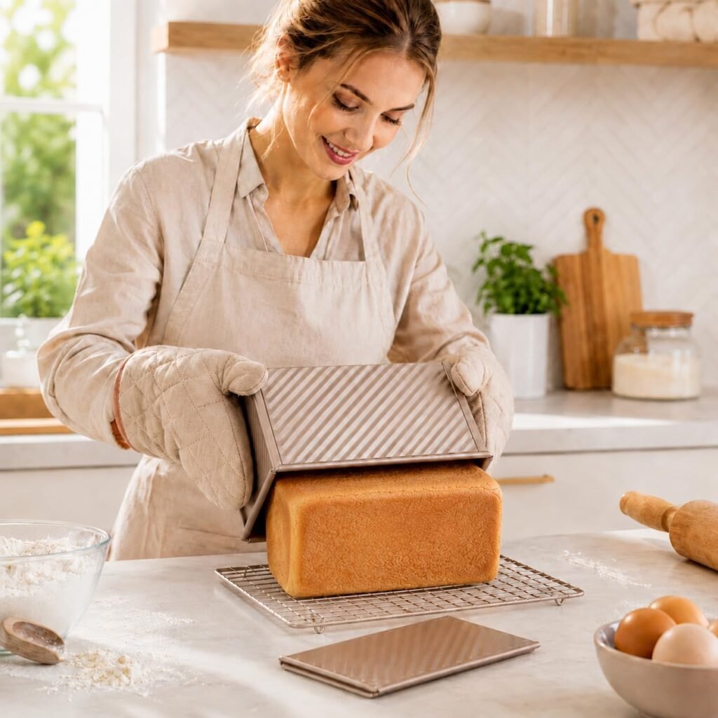Broodbakvorm met deksel en antiaanbaklaag voor zelfgebakken brood, goudkleurige toastvorm voor 450g deeg met golfpatroon