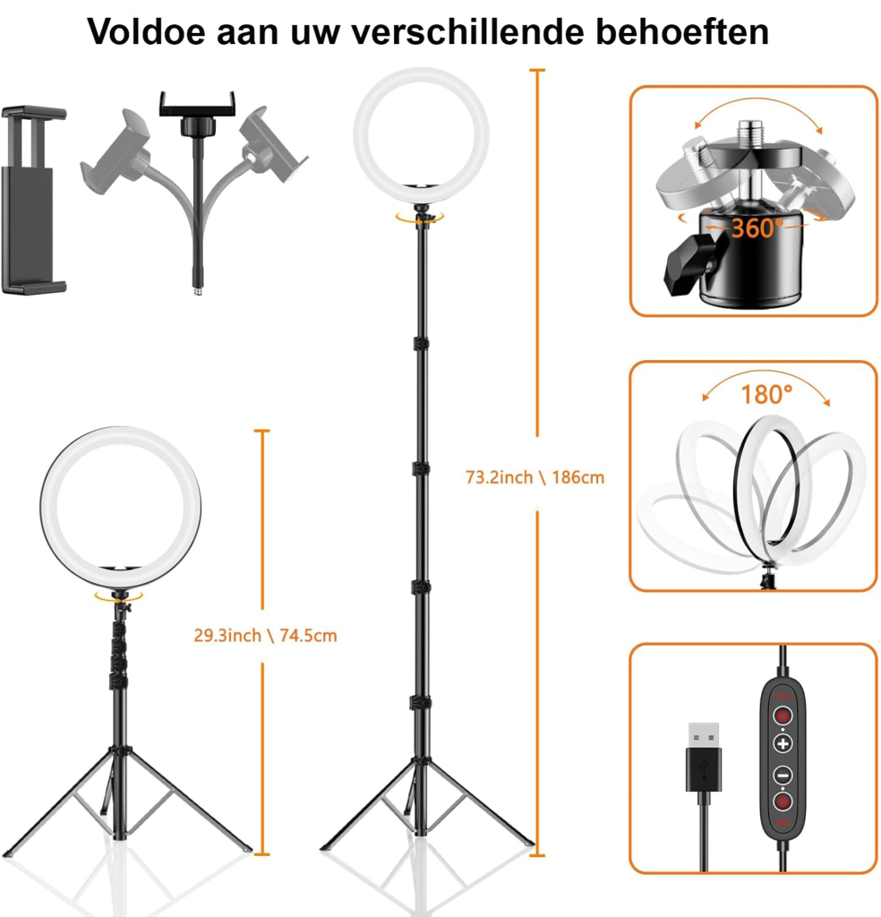 Ringlamp 12 inch met statief en telefoonhouder, 26 RGB-modi en 8 helderheidsniveaus voor livestreaming en make-up