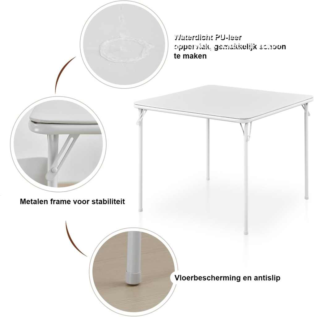 Witte vouwtafel voor camping, tuin, balkon en eetkamer, opvouwbaar, 80 x 80 x 70 cm