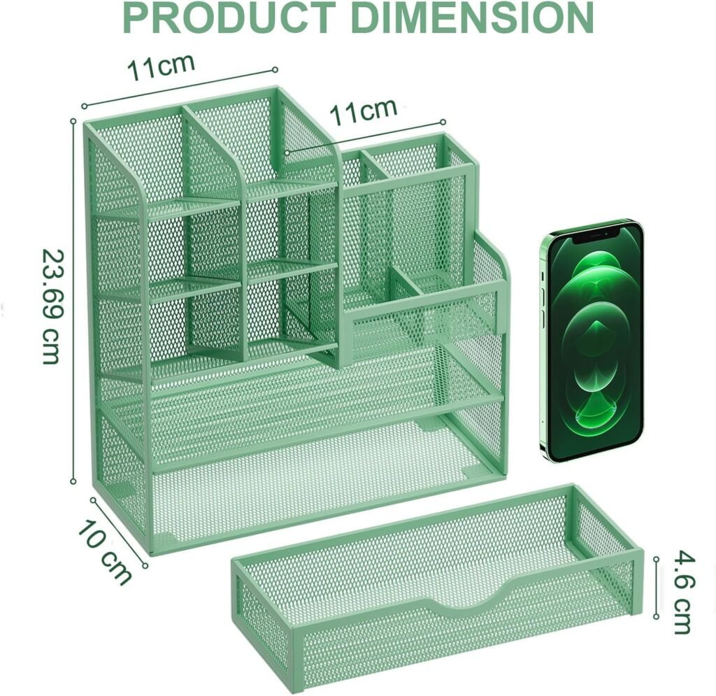 Groene metalen bureau organizer met pennenhouder, lade en opbergvakken voor thuis en kantoor