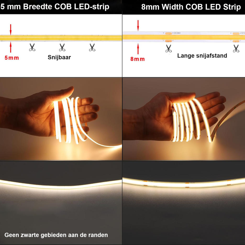 COB LED strip 5 meter warm wit 3000K, zelfklevend en flexibel, 5 mm breed voor binnenverlichting