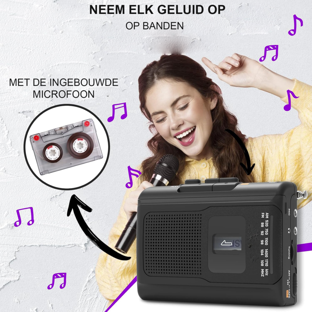 Cassette speler en recorder met AM/FM-radio, ingebouwde speaker, microfoon en koptelefoonaansluiting inclusief koptelefoon