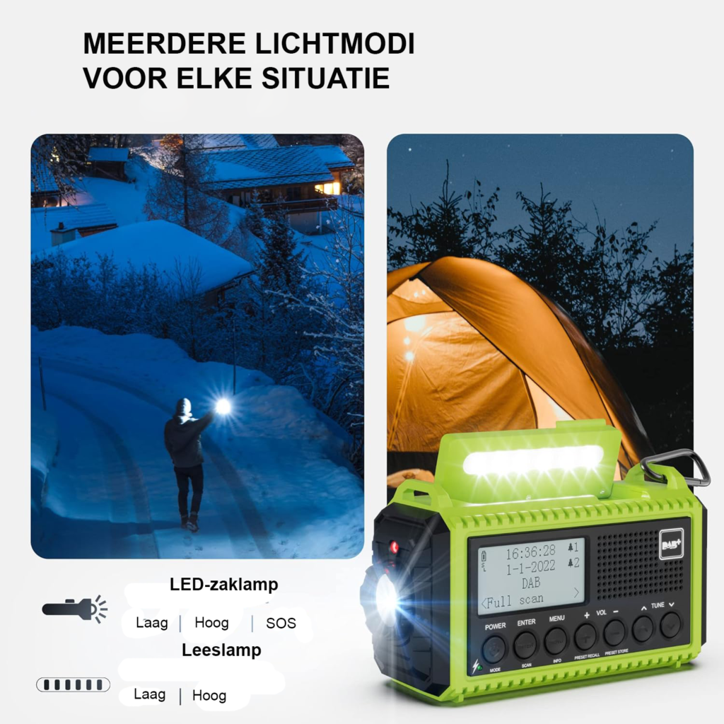Draaibare DAB+ noodradio 5000 mAh met FM-radio, LED zaklamp en leeslamp