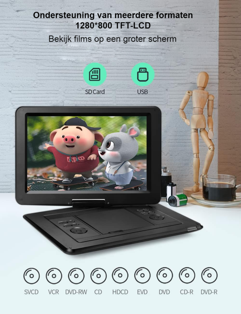 Draagbare dvd-speler met 15,5 inch HD-scherm en roteerbaar scherm, USB- en SD-kaartondersteuning