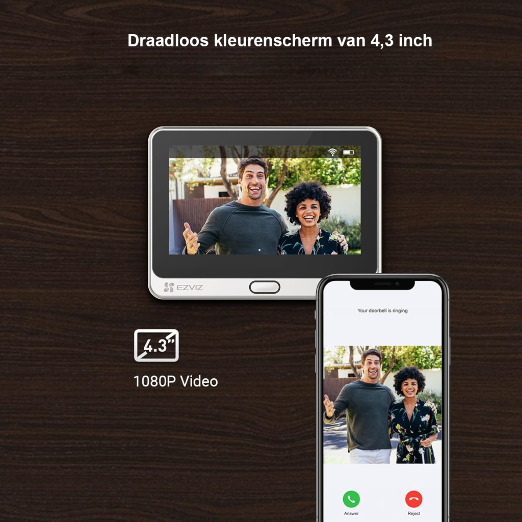 Video deurbel met camera, 2MP, 166° groothoek, PIR-sensor en 4,3 inch kleurenscherm