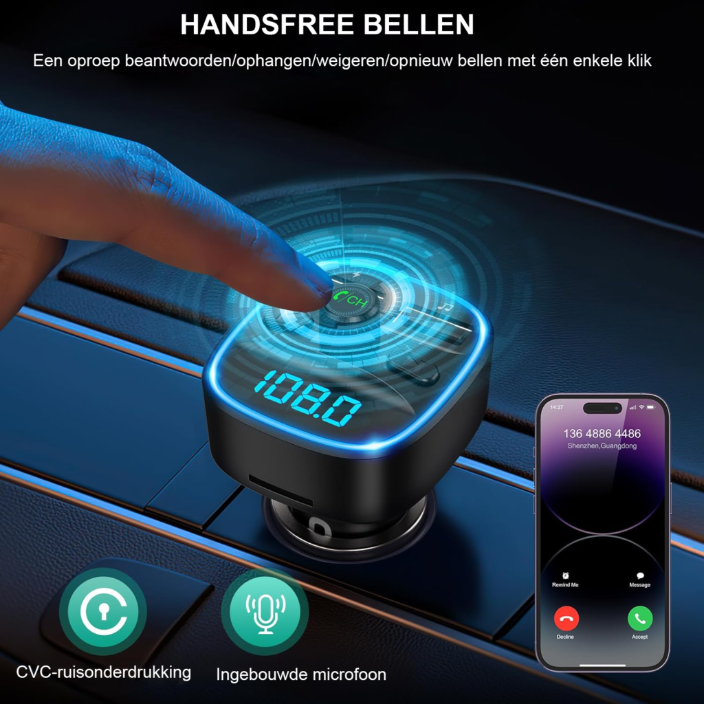 Bluetooth transmitter auto handsfree kit met microfoon, USB, AUX en TF-kaart