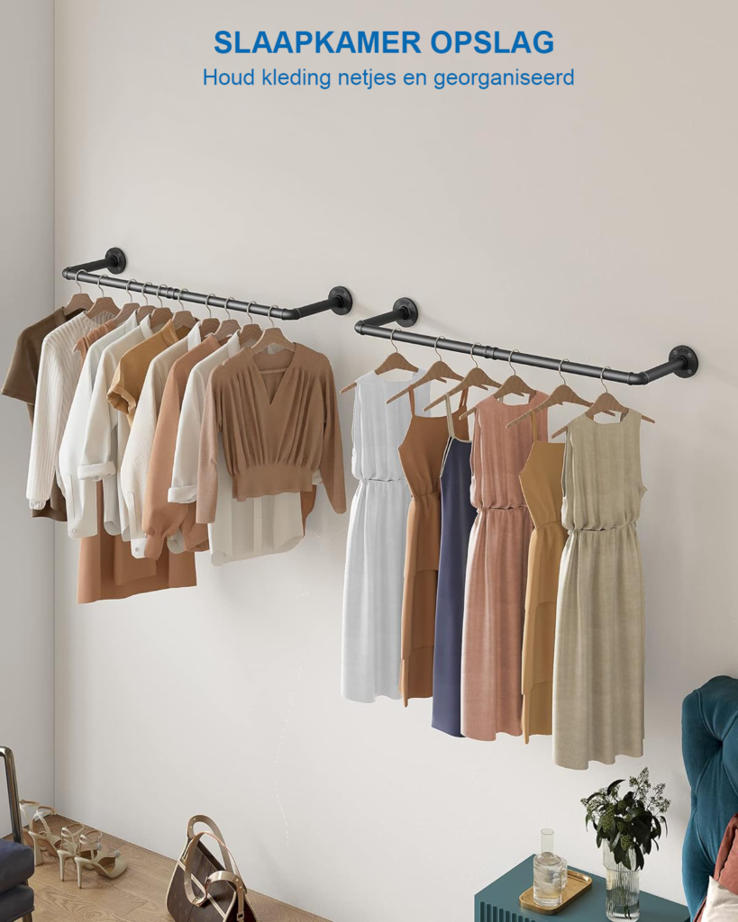 Industriële zwarte kledingstang voor muurbevestiging met verwijderbare hangers