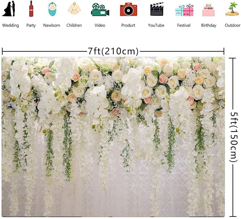Fotografie Achtergrond met Witte Rozen - Bloemen Achtergronddoek voor Fotoshoot en Feest - Opvouwbaar Polyester - 213 x 152 cm