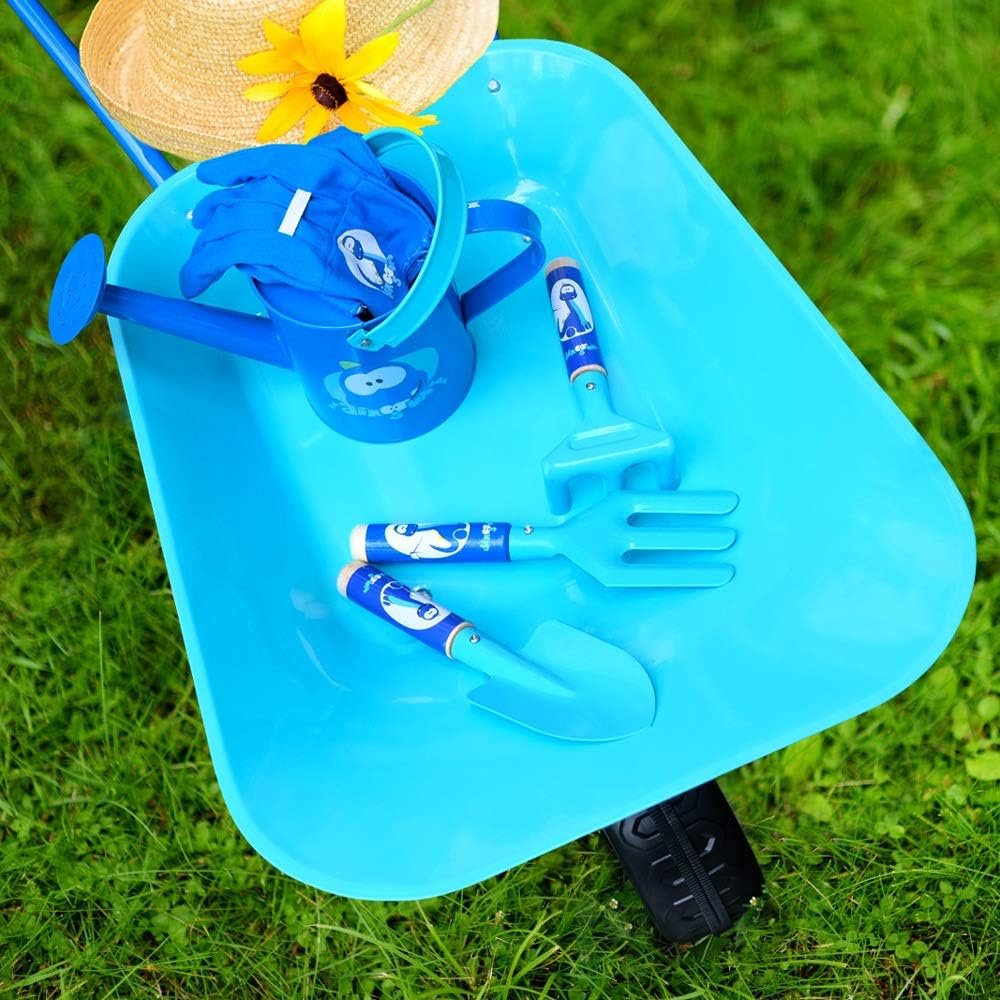 Kinderkruiwagen metaal blauw – 5-delige tuinset met schep, hark, vork en tuinhandschoenen