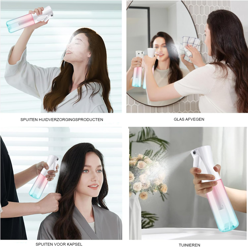 Multifunctionele haarsprayfles 300 ml met fijne mist en 360 graden rotatie, transparant voor haarverzorging en plantenbeneveling