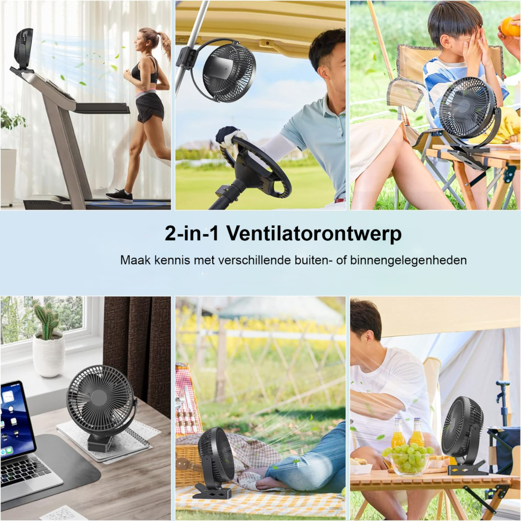 USB ventilator met oplaadbare batterij en clip, 8 inch, voor camping en kinderwagen