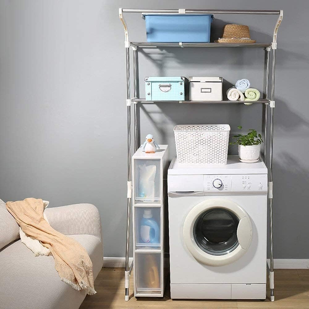 Opbergplank boven wasmachine met 2 planken, hangstang en verstelbare breedte in ivoor
