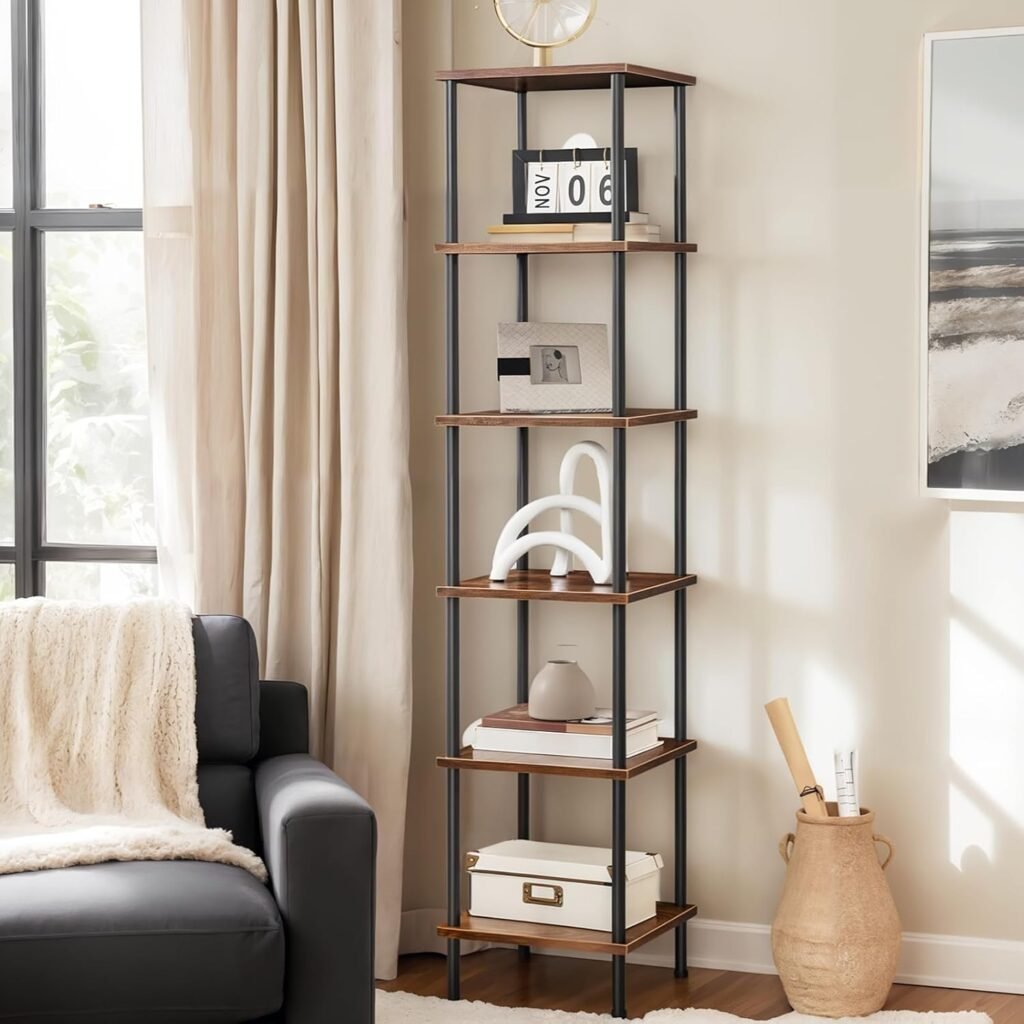 Vintage hoekrek met 6 lagen, boekenkast en plantenrek in industrieel vintage bruin design