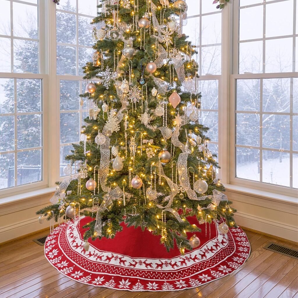 Gebreide rode kerstboomrok 122 cm met rendieren en sneeuwvlokken, decoratief kerstboomkleed voor kerst- en nieuwjaarsdecoratie