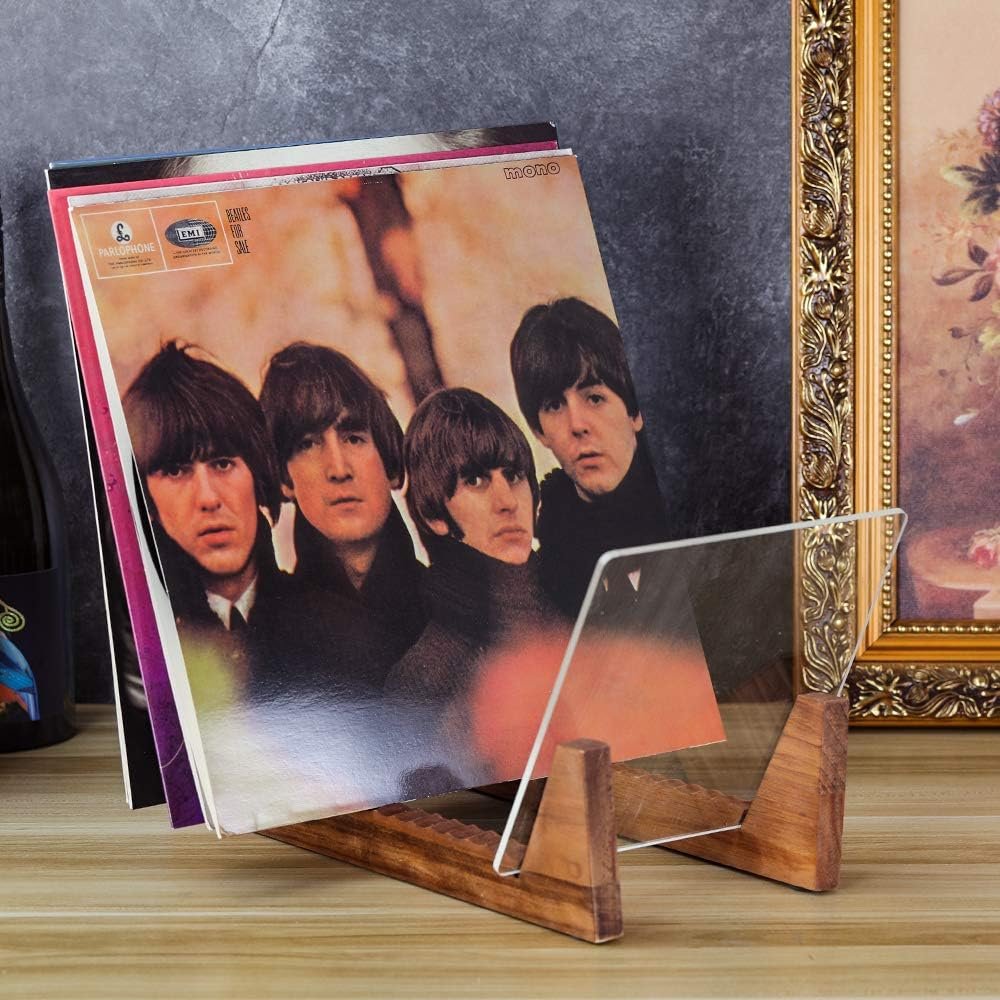 Vinyl record houder van hout met opbergrek voor 50 LP's, CD's en DVD's in bruin design met transparant acryl