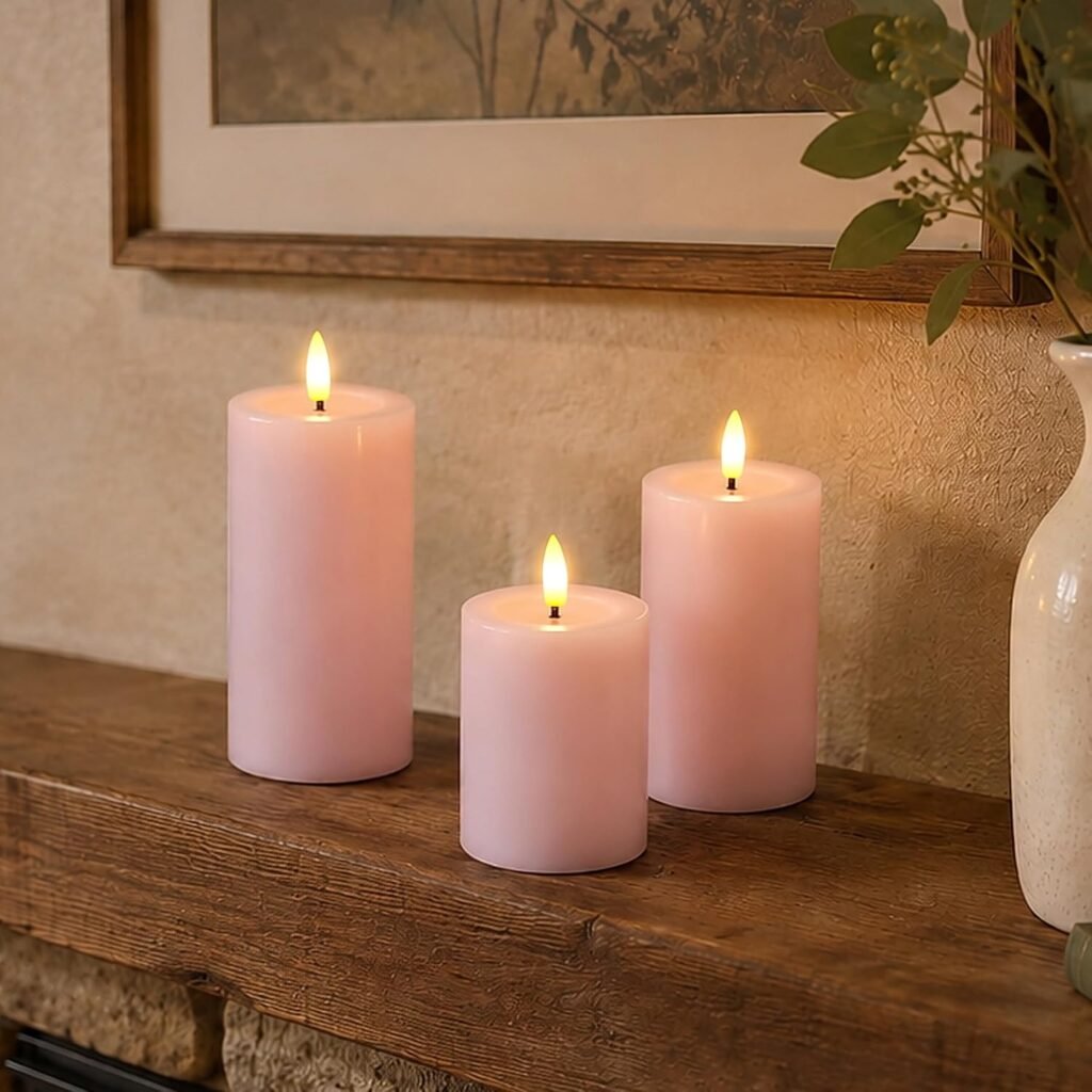 Roze LED stompkaarsen van echte wax met timer en afstandsbediening, 3 stuks met flikkerende vlam