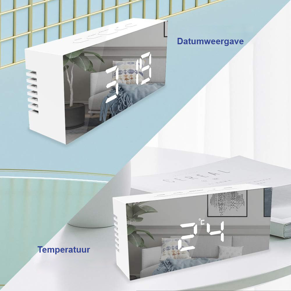 LED spiegelklok met digitale wekker, temperatuurweergave en instelbare helderheid