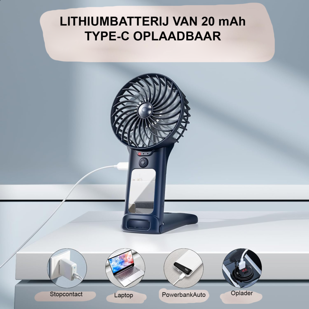 Handventilator oplaadbaar met instelbare snelheden en USB-aansluiting