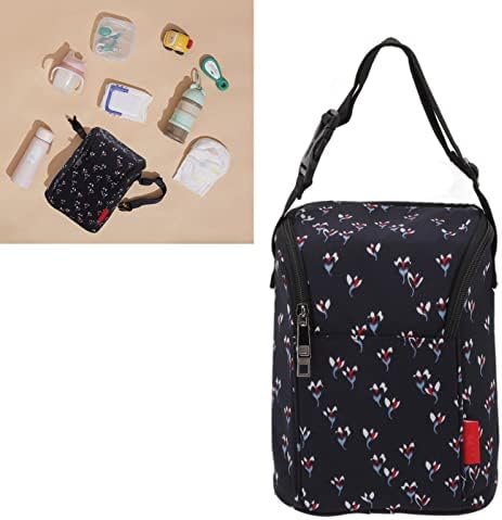 Thermische babyfles tas met isolerende fleshouder, waterdichte nylon opbergtas, bloemen zwart
