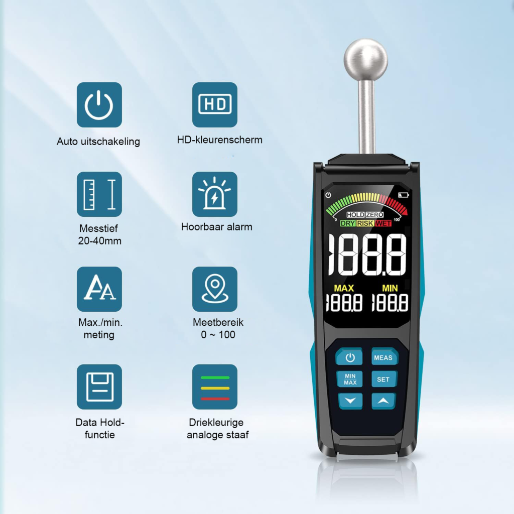 Vochtmeter voor bouwmaterialen met HD-kleurendisplay en diepteanalyse, compact en draagbaar