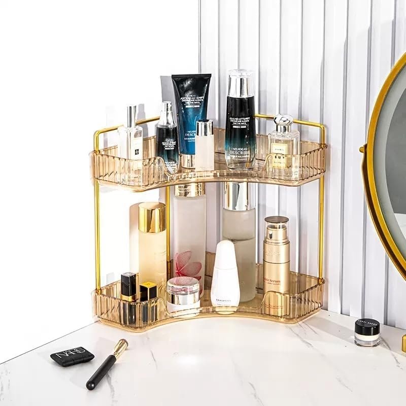 Hoekplank badkamer organizer 2 lagen amber kleur voor make-up, skincare en toiletartikelen 25,5 x 16,5 x 29,5 cm