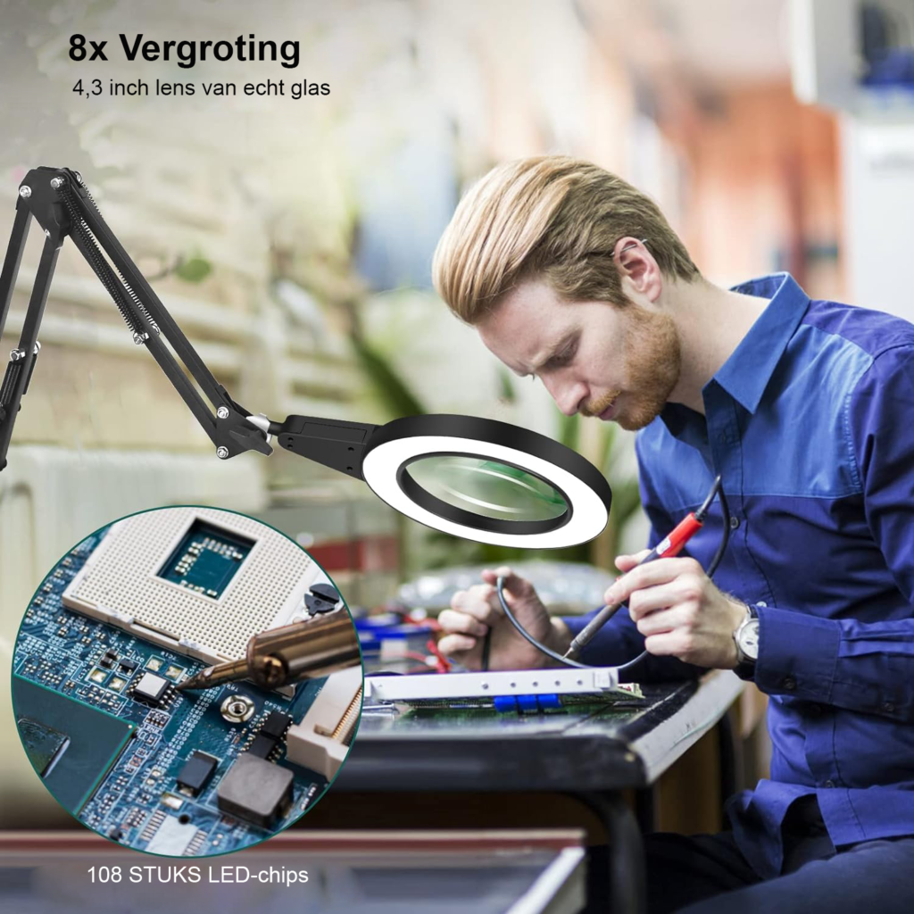 Vergrootglas bureaulamp met LED verlichting en verstelbare arm