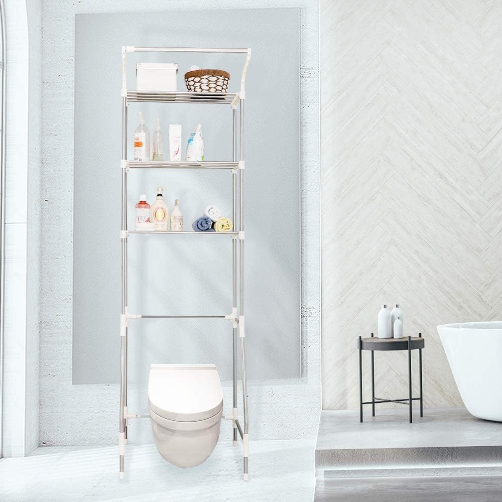 3-laags wasruimte rek met kledinghanger, verstelbaar opbergrek voor boven wasmachine of toilet, ivoor
