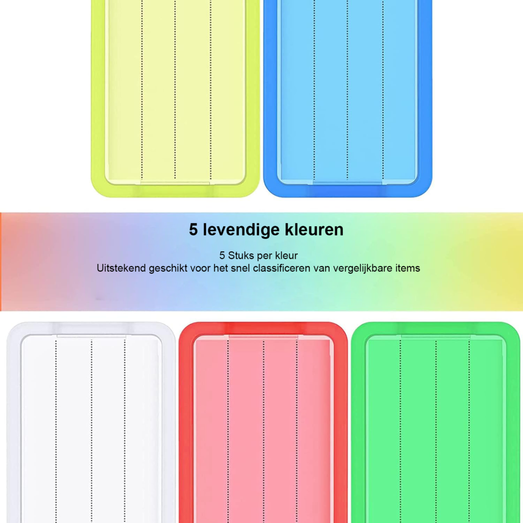 Set van 25 schrijfbare sleutelhangers in 5 kleuren met labels voor thuis, kantoor, huisdier en koffer
