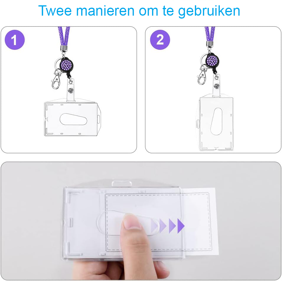 Transparante paarse ID-kaarthouder met lanyard en kristallen koord, nekband en sleutelkoord