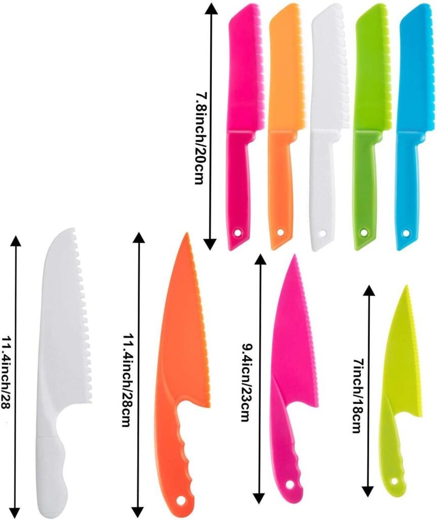 9-delige kinder keukenmessenset van nylon voor veilig snijden en bakken, geschikt voor fruit, brood, taart en salade