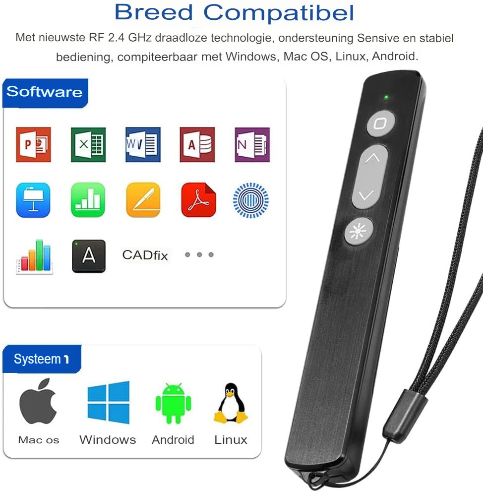 Draadloze presenter voor PowerPoint met USB receiver, compatibel met Windows en macOS