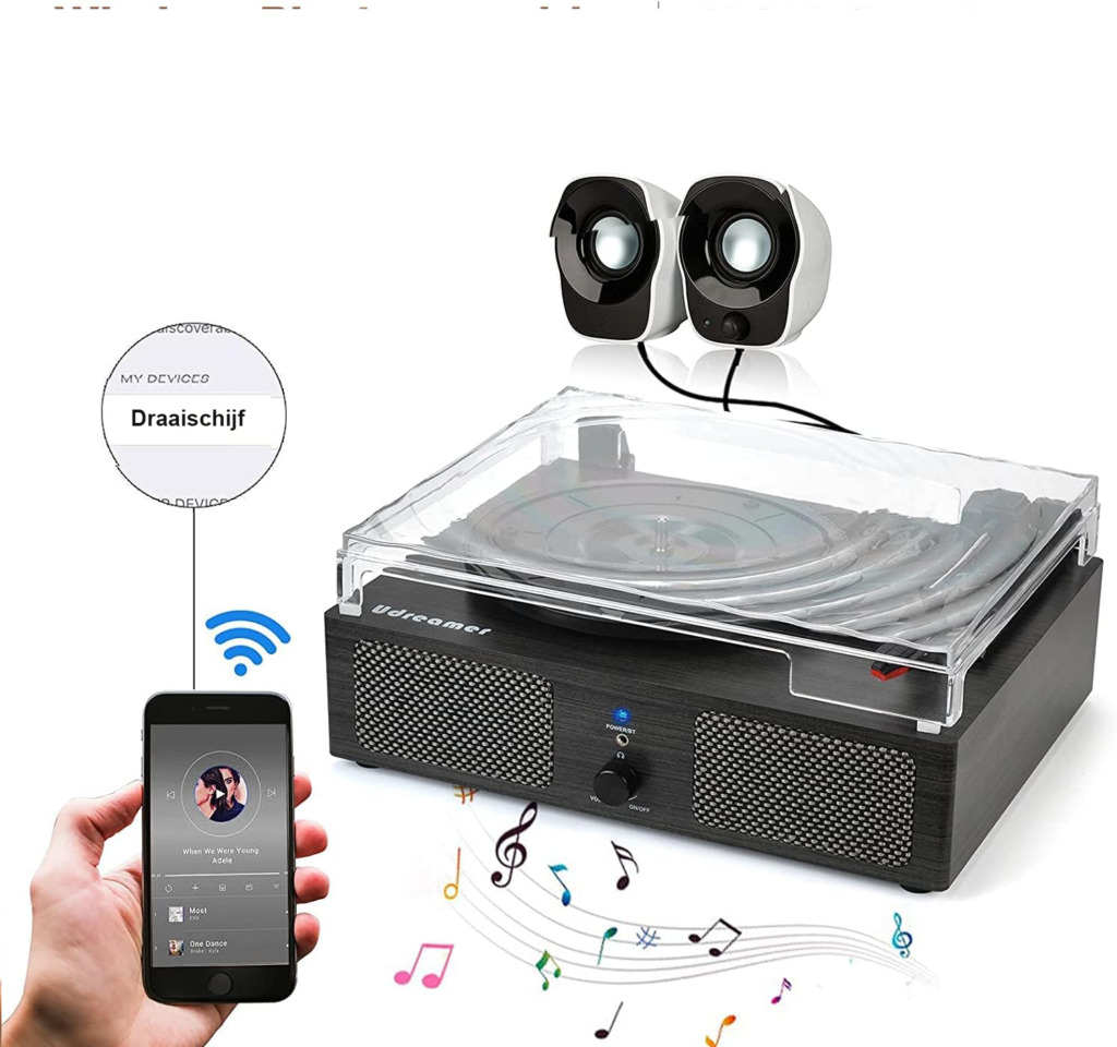 Platenspeler met geïntegreerde speakers zwart met Bluetooth en houten behuizing voor vinyl afspelen