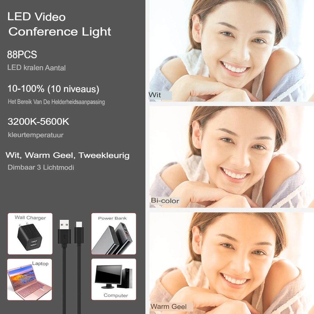 USB selfielicht met instelbare verlichting voor foto's en videoconferenties