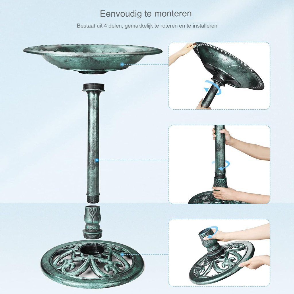 Bronskleurige zonne-energie vogelbad fontein met voederplaats, zonnepaneel en regelbare waterstraal