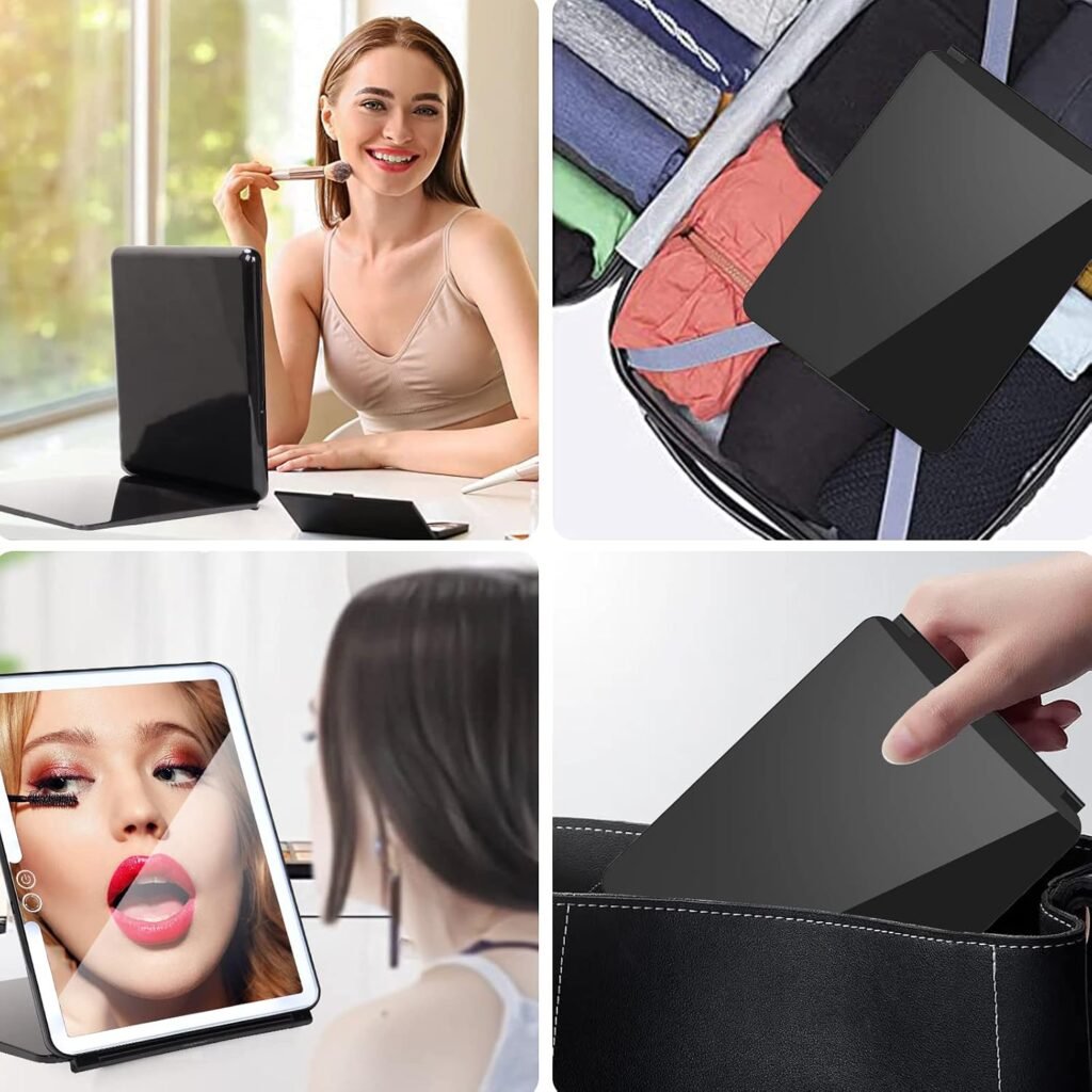 Vouwbare make-upspiegel met instelbare verlichting, dubbelzijdig, compact en zwart