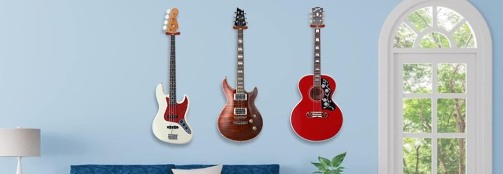 Gitaar wandhouder met automatisch sluitmechanisme en houten basis voor gitaar en basgitaar