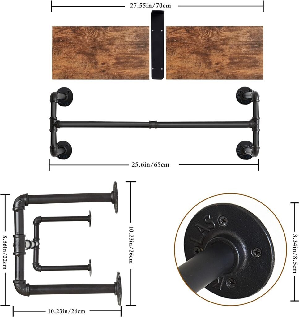 Industrieel kledingrek voor aan de muur van zwart metaal voor kleding en accessoires