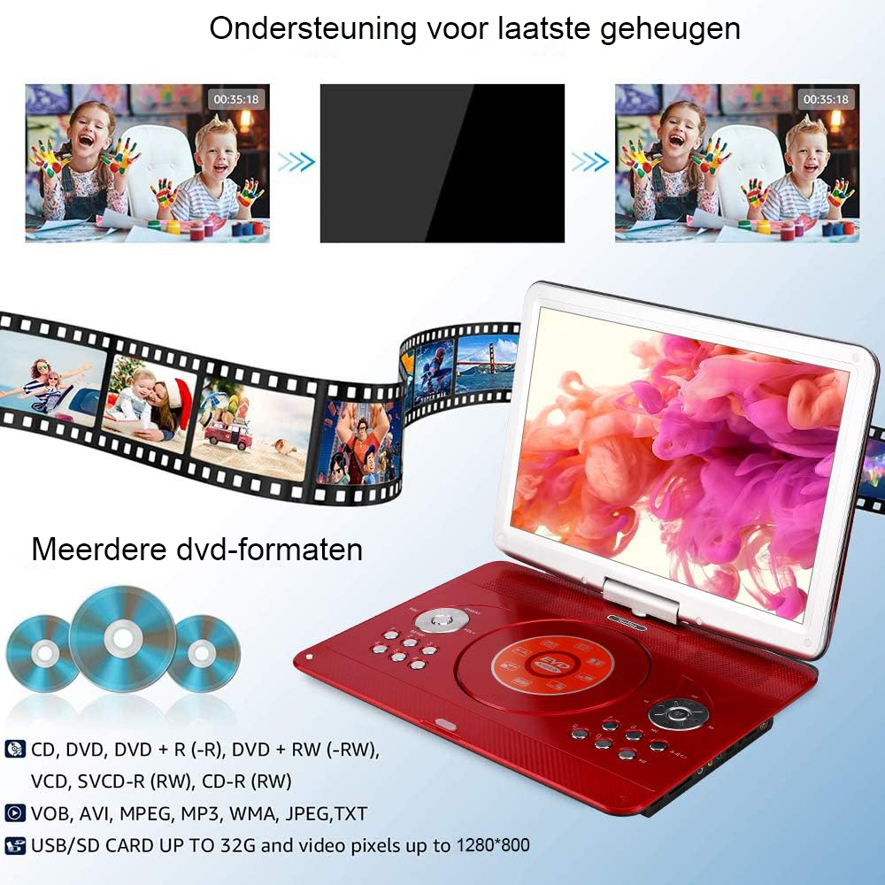 Draagbare DVD speler 16.9 inch met MP3 speler en afstandsbediening rood