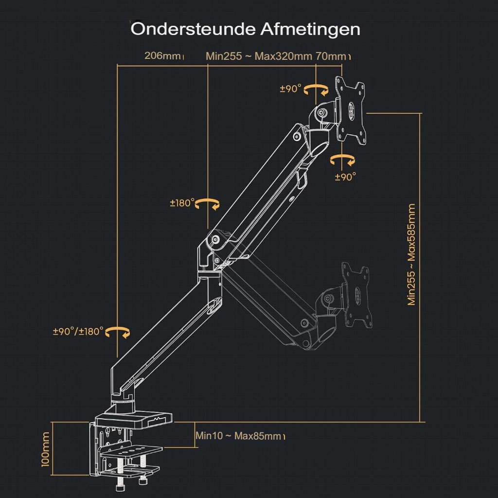 Monitorarm met gas-assisted hoogteaanpassing en geïntegreerd kabelmanagement