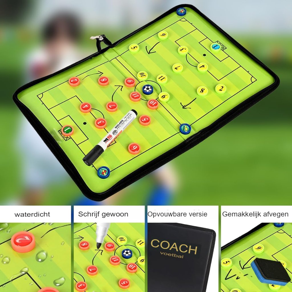Voetbaltactiekbord voor voetbalcoach met magnetische figuren en scheidsrechterfluiten in groen