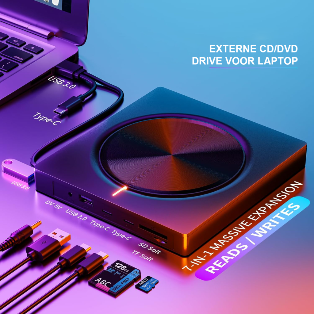 Externe CD/DVD speler met USB 3.0 en USB-C voor laptop en desktop met draagbare DVD brandfunctie en SD/TF slot