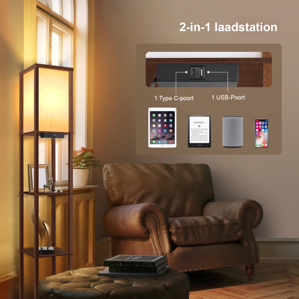 Staande LED vloerlamp met planken, dimbare verlichting en afstandsbediening voor woonkamer en slaapkamer