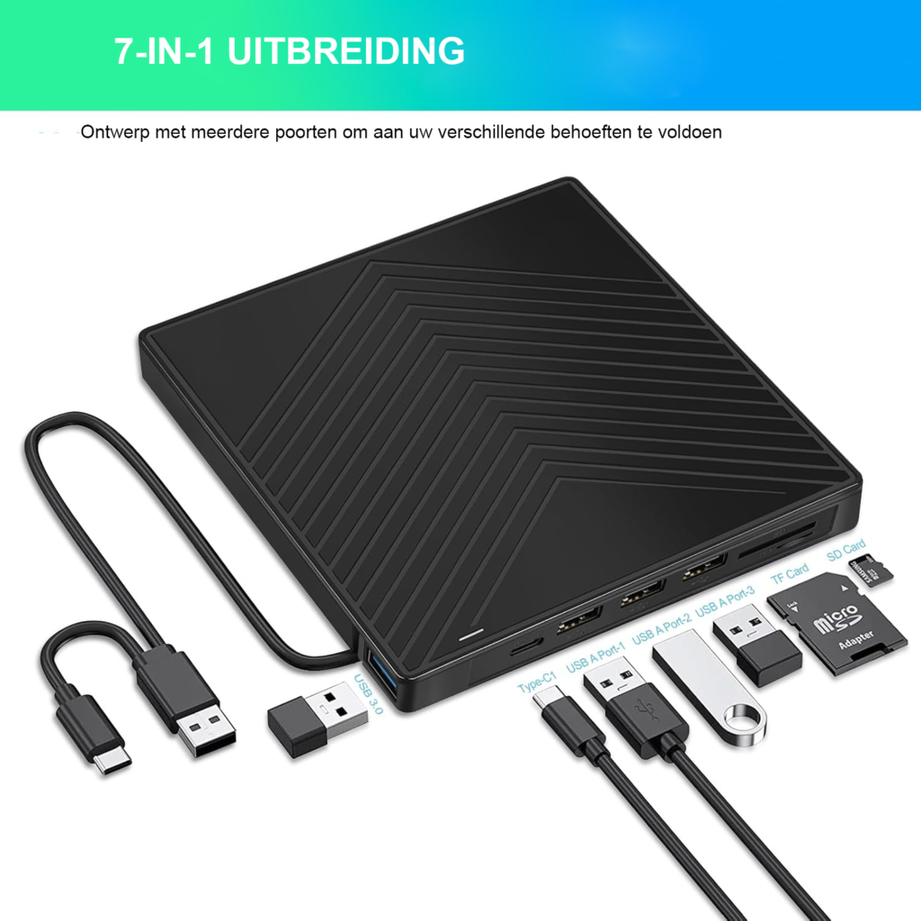 Externe CD/DVD-speler met USB 3.0, USB-C, SD- en TF-kaartlezer voor laptop en pc