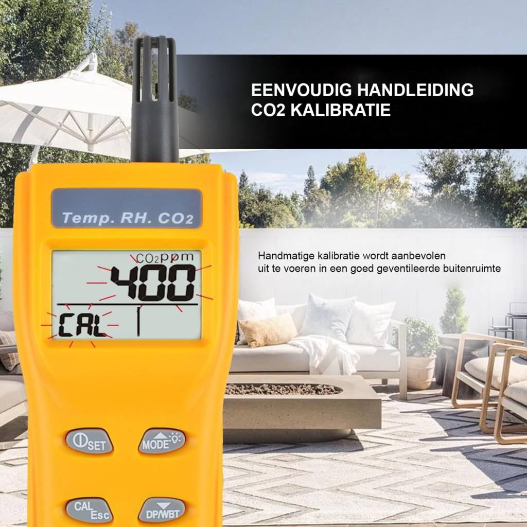 Luchtkwaliteitsmonitor met CO2-detector, temperatuur- en vochtigheidsmeter voor het binnenklimaat