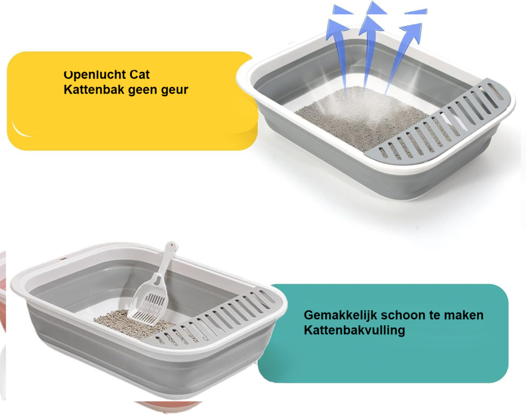 Lage open kattenbak met schep voor oudere katten en kittens