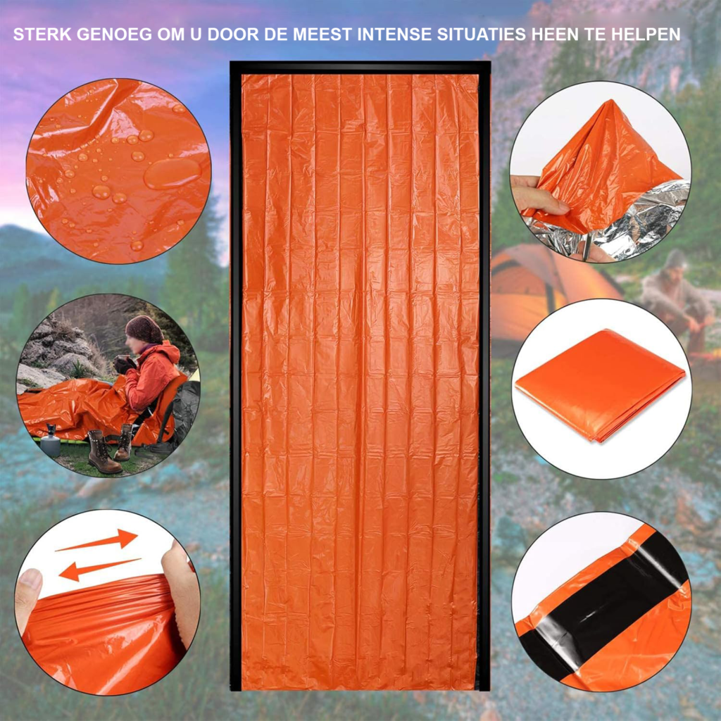 Lichtgewicht oranje noodslaapzak van PE- en aluminiumfolie voor kamperen en reizen
