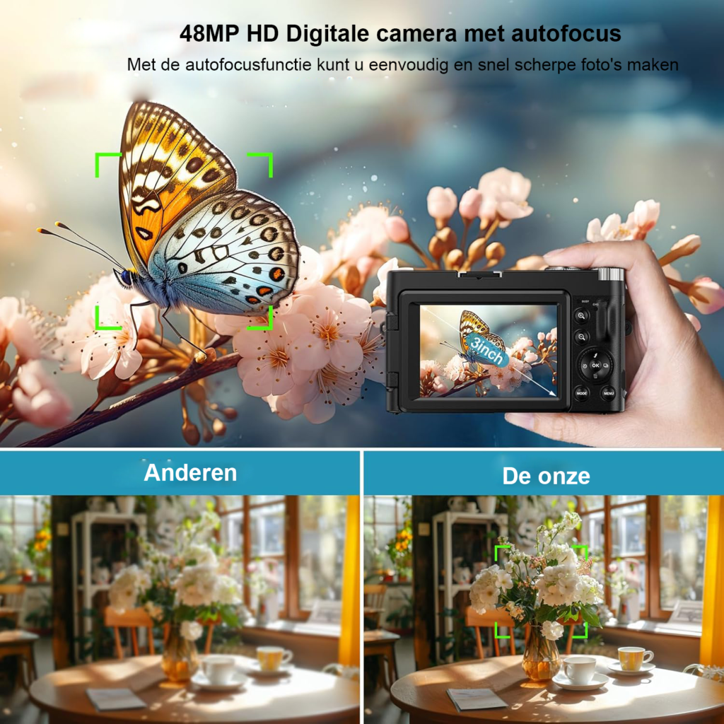 Digitale 4K camera met 48MP autofocus, 180° flip screen, 16x digitale zoom en 32GB geheugenkaart