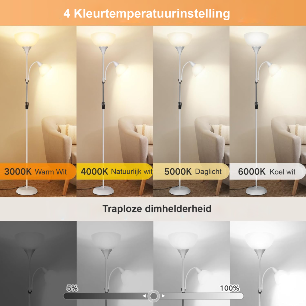 Vloerlamp met leeslamp, dimbare LED, 3 kleurtinten, afstandsbediening en timerfunctie, zilver